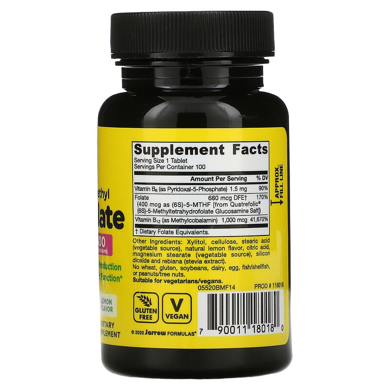 Jarrow Formulas, Methyl B-12 & Methyl Folate, Lemon, 100 Chewable Tablets 790011180180