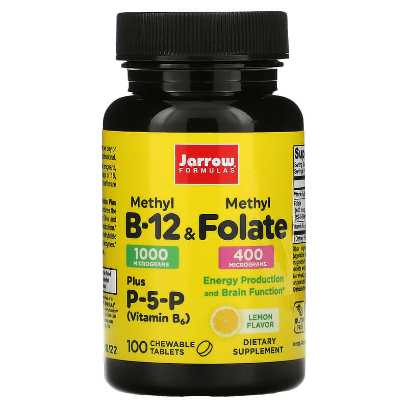 Jarrow Formulas Methyl B-12 & Methyl Folate Lemon 100 Chewable Tablets 790011180180