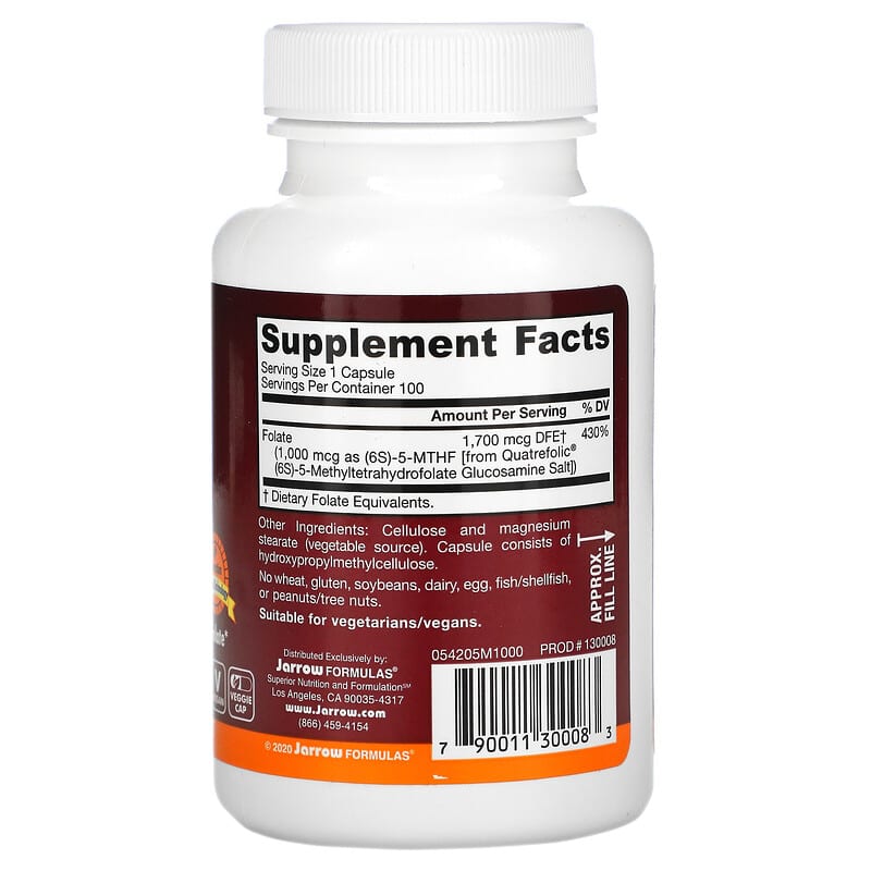 Jarrow Formulas, Methyl Folate, 1,000 mcg, 100 Veggie Caps 790011300083