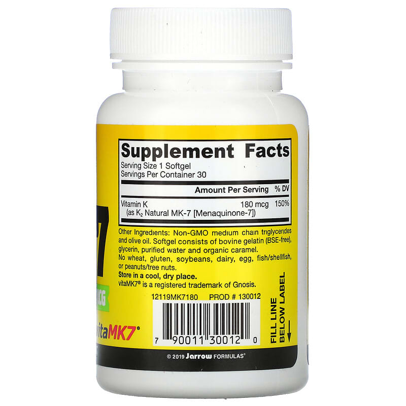 Jarrow Formulas, MK-7, Most Active Form of Vitamin K2, 180 mcg, 30 Softgels 790011300120