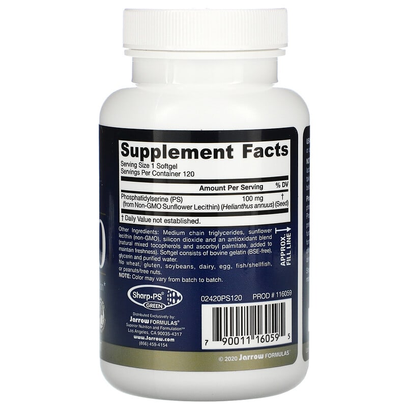 Jarrow Formulas, PS 100, Phosphatidylserine, 100 mg, 120 Softgels 790011160595