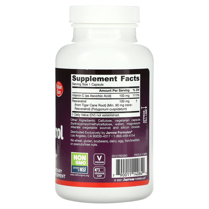 Jarrow Formulas, Resveratrol, 100 mg, 120 Veggie Caps 790011140849