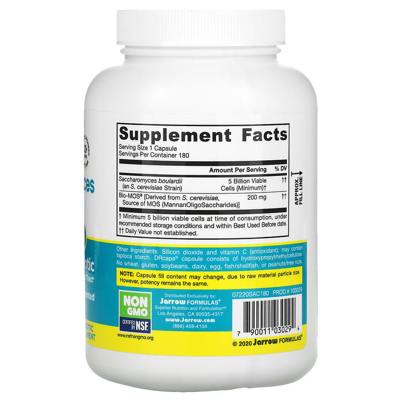 Jarrow Formulas, Saccharomyces Boulardii Plus MOS, 5 Billion, 180 Delayed Release Veggie Caps 790011030294