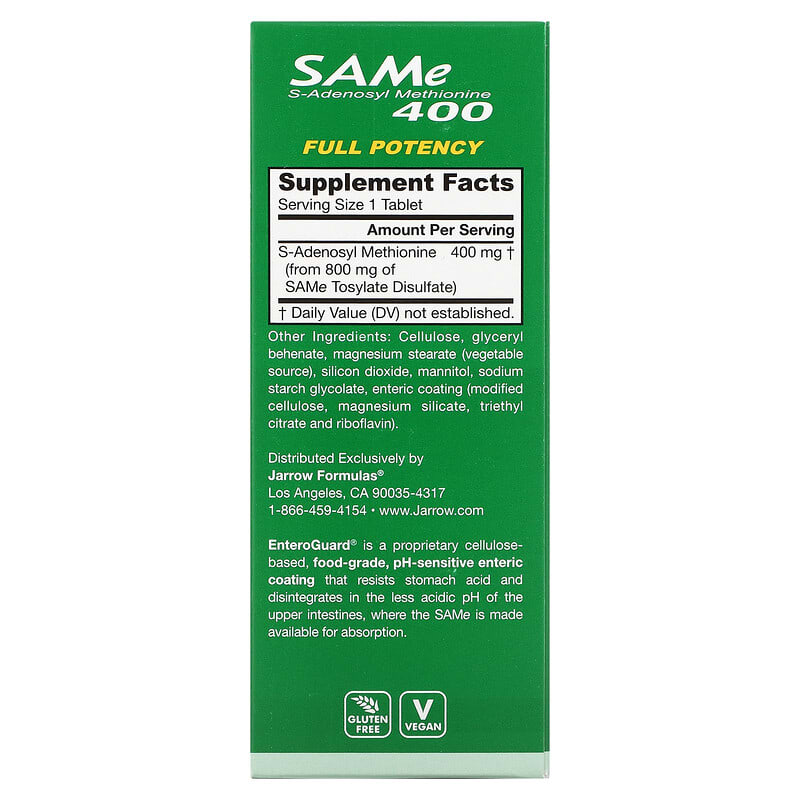 Jarrow Formulas, SAMe (Disulfate Tosylate), 400 mg, 60 Enteric Coated Tablets 790011200420