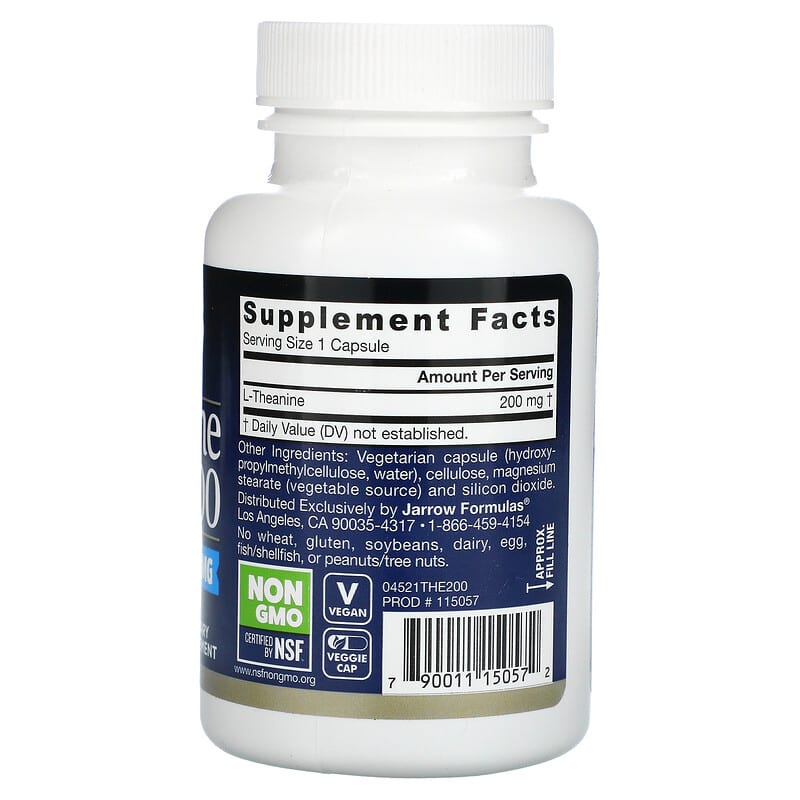 Jarrow Formulas, Theanine 200, 200 mg, 60 Veggie Caps 790011150572