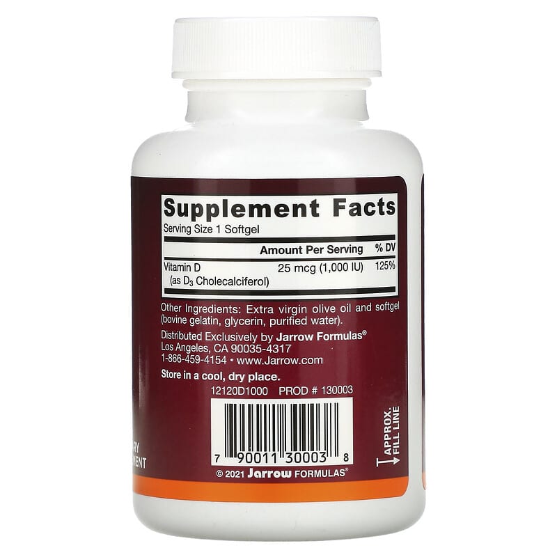 Jarrow Formulas, Vitamin D3, Cholecalciferol, 25 mcg (1,000 IU), 100 Softgels 790011300038
