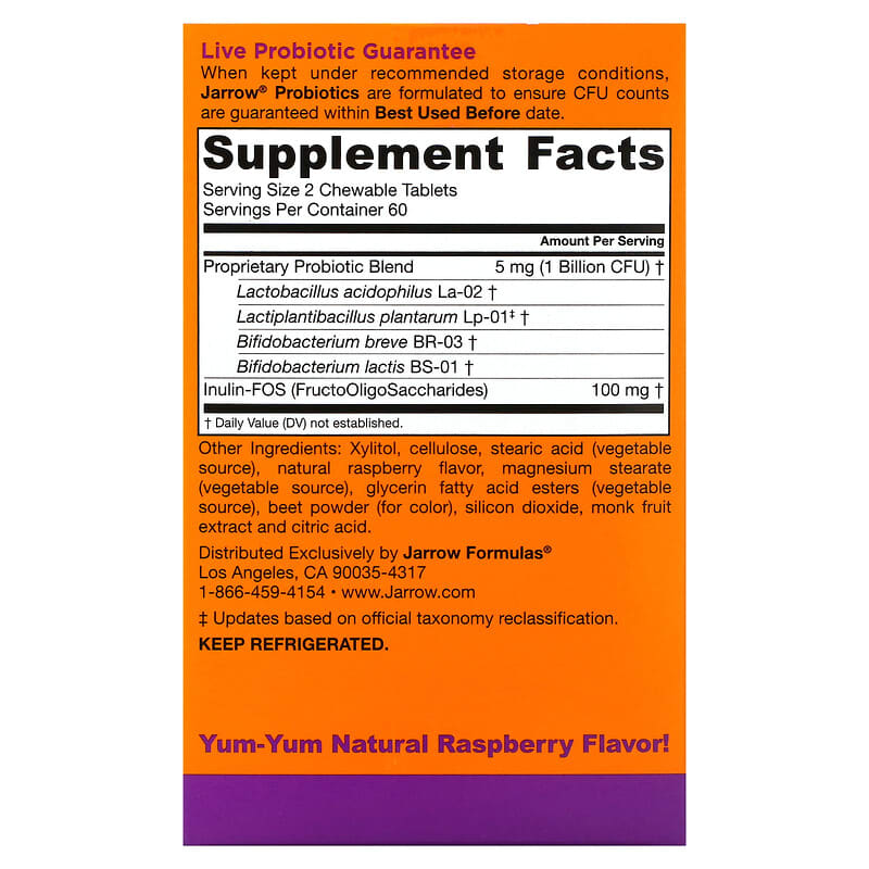 Jarrow Formulas, Yum-Yum Dophilus, Sugar-Free, Natural Raspberry, 120 Chewable Tablets 790011320050
