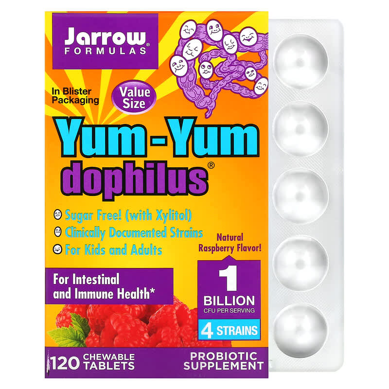 Jarrow Formulas Yum-Yum Dophilus Sugar-Free Natural Raspberry 120 Chewable Tablets 790011320050