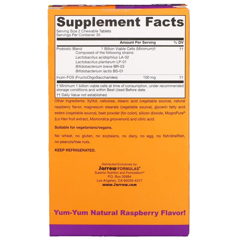Jarrow Formulas, Yum-Yum Dophilus Sugar-Free!, Natural Raspberry Flavor, 60 Chewable Tablets 790011030218