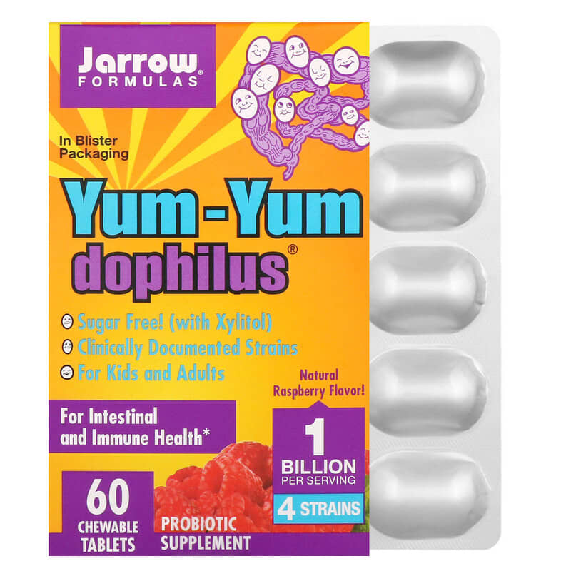 Jarrow Formulas Yum-Yum Dophilus Sugar-Free! Natural Raspberry Flavor 60 Chewable Tablets 790011030218