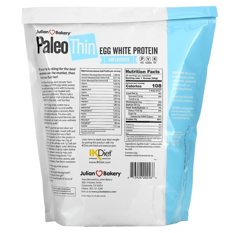 Julian Bakery, Paleo Thin, Egg White Protein, Unflavored, 2 lbs (907 g) 813926002566