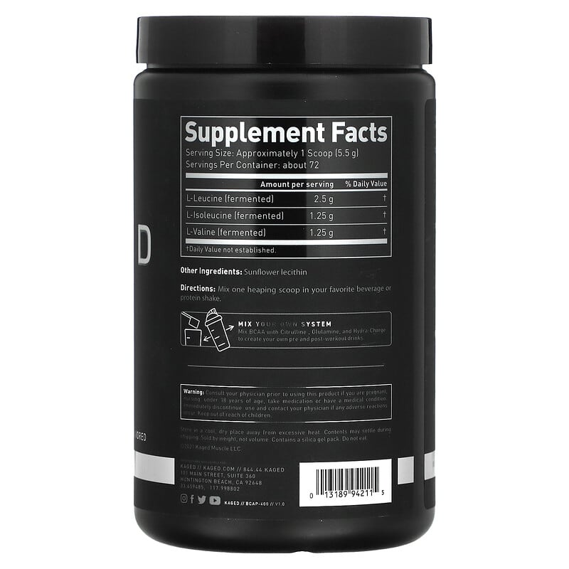 Kaged, BCAA 2:1:1, Unflavored, 14.1 oz (400 g) 13189942115