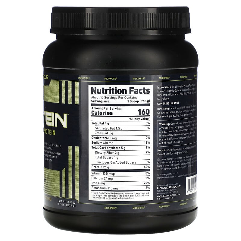 Kaged, Naturals, Plantein, Premium Vegan Protein Powder Drink Mix, Peanut Butter Cookie, 1.24 lb (562.5 g) 850015107528