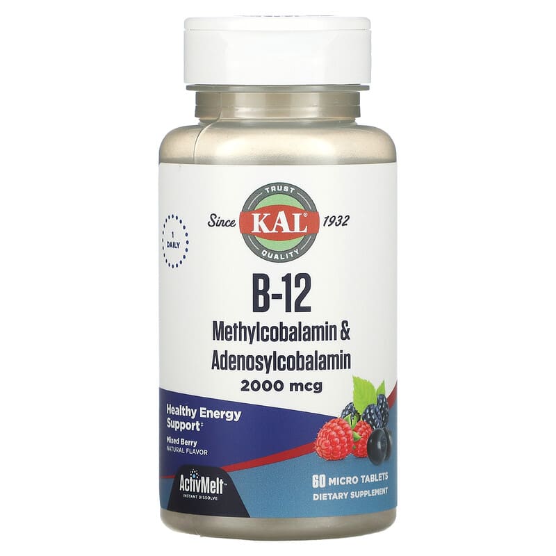 KAL B-12 Methylcobalamin & Adenosylcobalamin Mixed Berry 2,000 mcg 60 Micro Tablets 21245981961