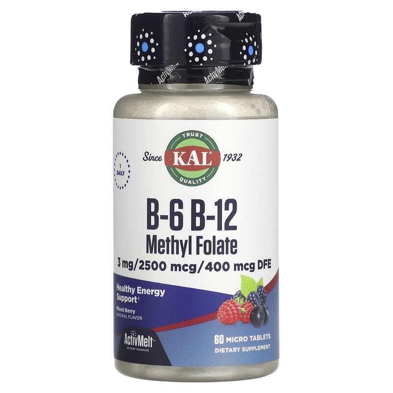 KAL B-6 B-12 Methyl Folate Mixed Berry 60 Micro Tablets 21245291510
