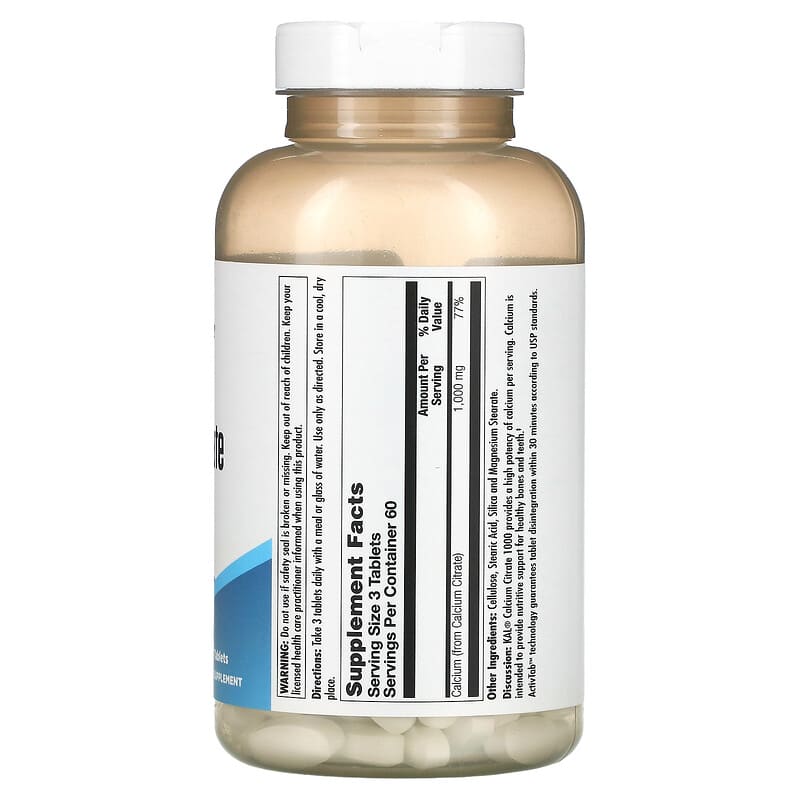 KAL, Calcium Citrate 1000, 180 Tablets 21245141266