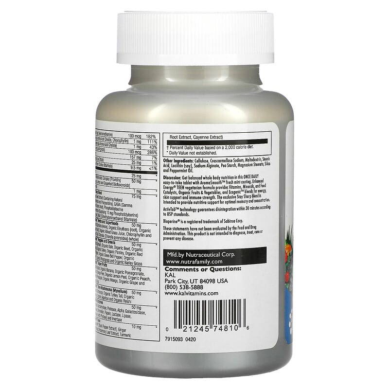 KAL, Enhanced Energy, Teen, Memory & Concentration Blend, 60 Vegetarian Tablets 21245748106
