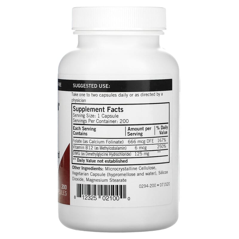 Kirkman Labs, DMG with Folate and Methyl B12, 125 mg, 200 Capsules 812325021000