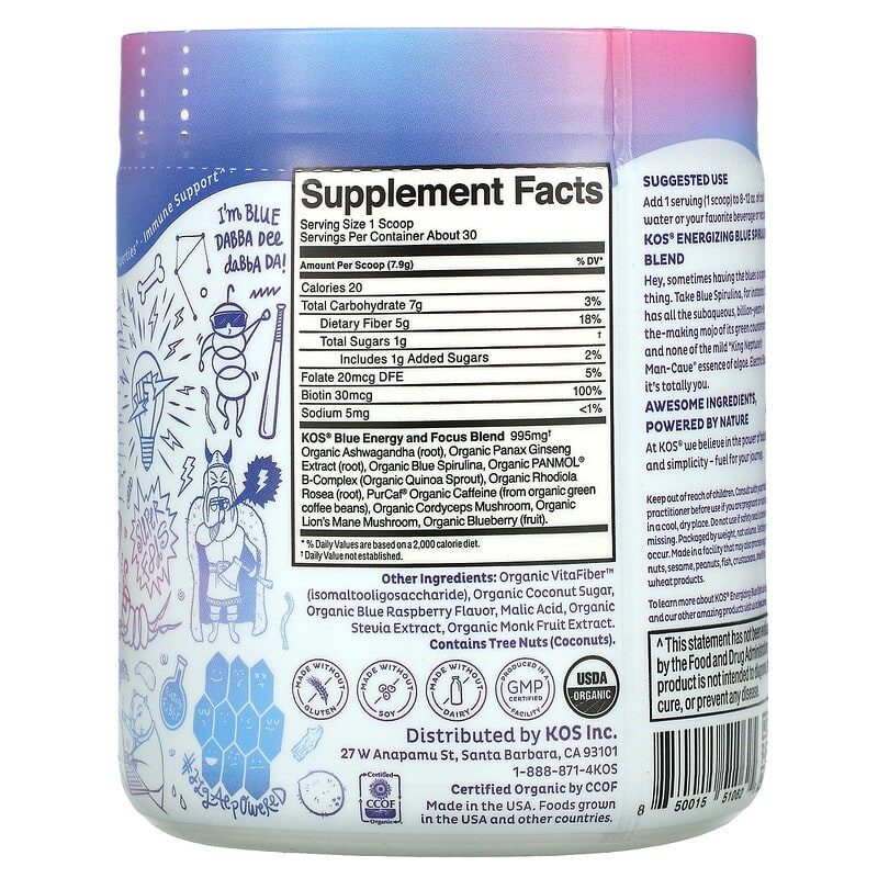 KOS, Bolt from the Blue, Energizing Blue Spirulina Blend, Electric Boostberry Flavored, 8.36 oz (237 g) 850015510625