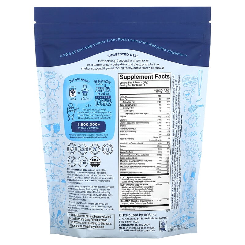 KOS, Organic Plant Protein, Blueberry Muffin, 1.2 lb (546 g) 850015510908