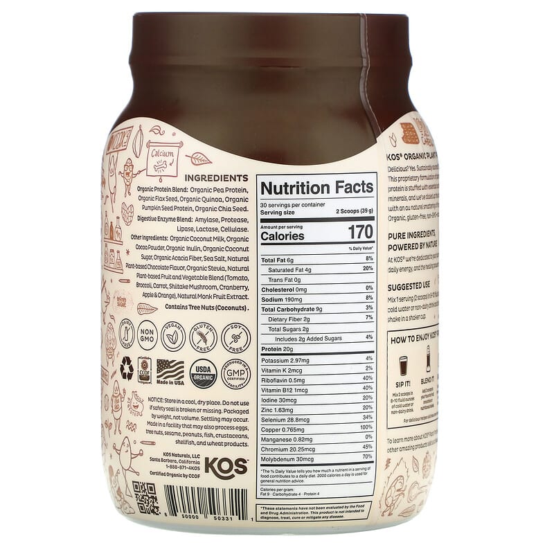 KOS, Organic Plant Protein, Chocolate, 2.6 lb (1,170 g) 850000503311
