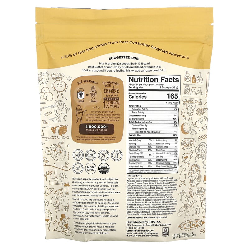 KOS, Organic Plant Protein, Chocolate Peanut Butter, 1.2 lb (546 g) 850015510892