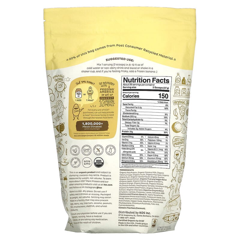 KOS, Organic Plant Protein, Vanilla, 2.3 lb (1,036 g) 850000503809