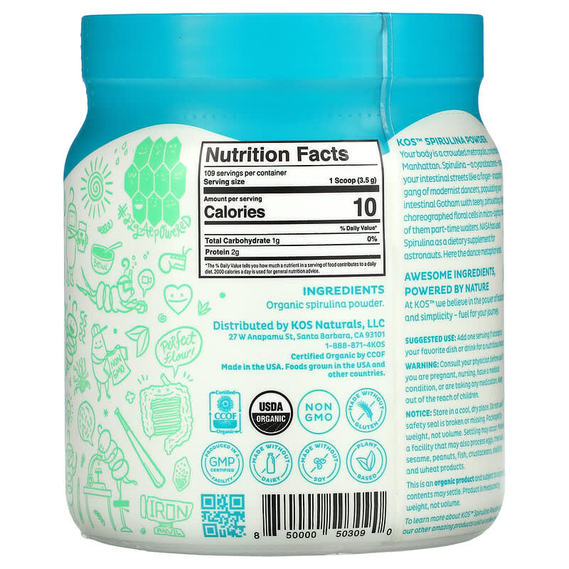 KOS, Organic Spirulina Powder, 13.5 oz (381.5 g) 850000503090