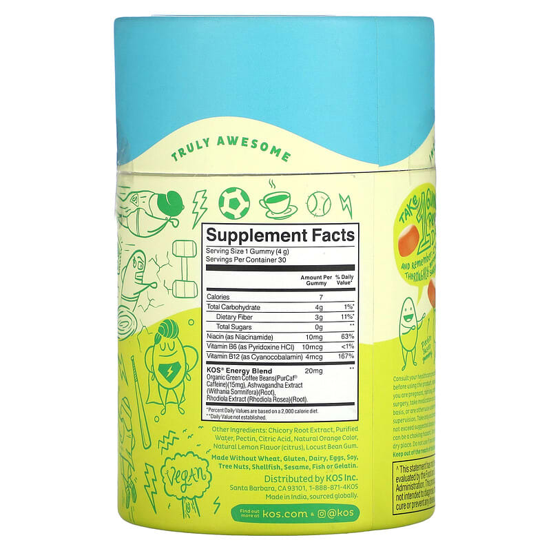 KOS, Rise 'N Shine Energy Gummies, Citrus, 30 Gummies 850015510342
