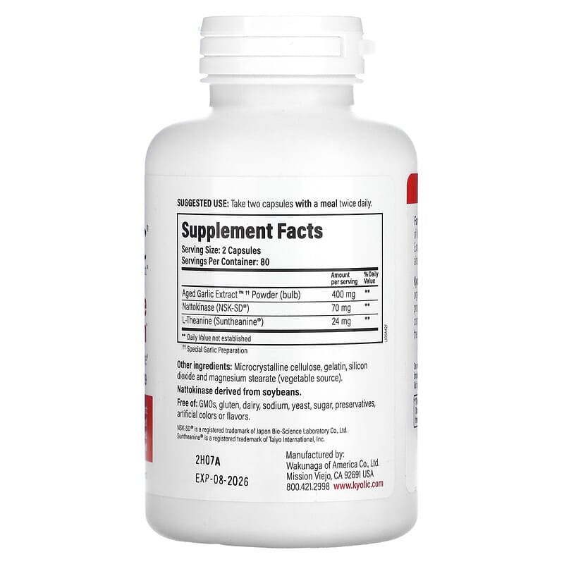 Kyolic, Aged Garlic Extract, Blood Pressure Health, Formula 109, 160 Capsules 23542109420