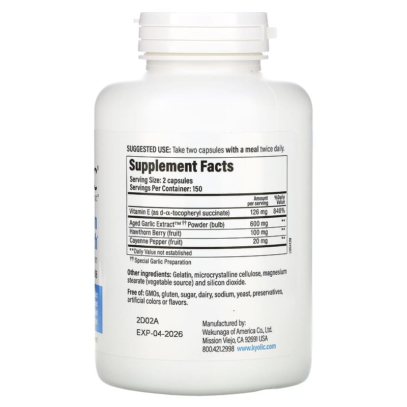 Kyolic, Aged Garlic Extract, Circulation Health, Formula 106, 300 Capsules 23542106436