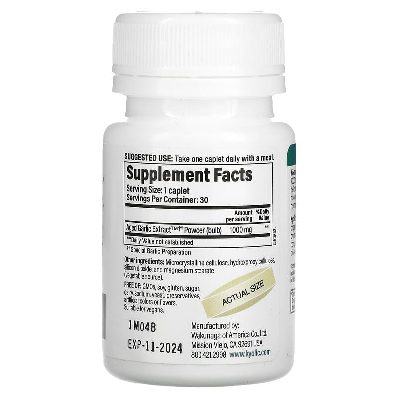 Kyolic, Aged Garlic Extract, One Per Day, Cardiovascular Health, 30 Vegan Caplets 23542250634