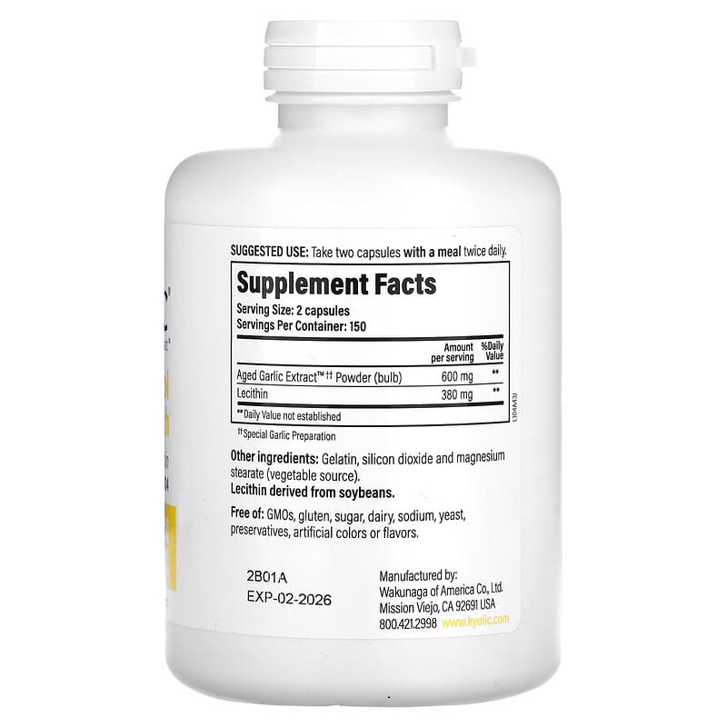 Kyolic, Aged Garlic Extract with Lecithin, Cholesterol Formula 104, 300 Capsules 23542104432