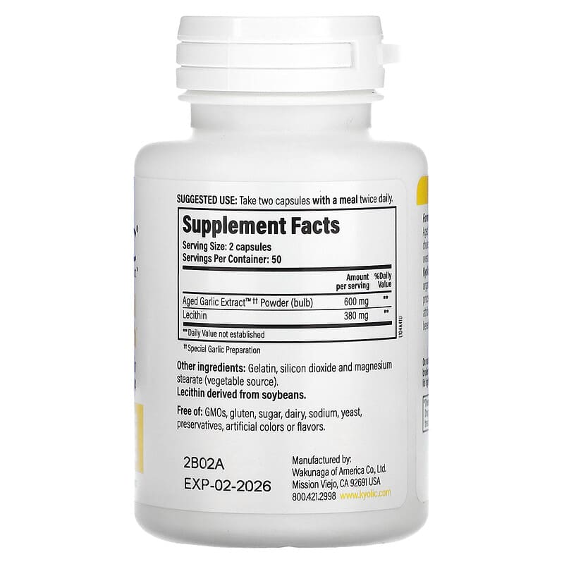 Kyolic, Aged Garlic Extract with Lecithin, Cholesterol Health, 100 Capsules 23542104418