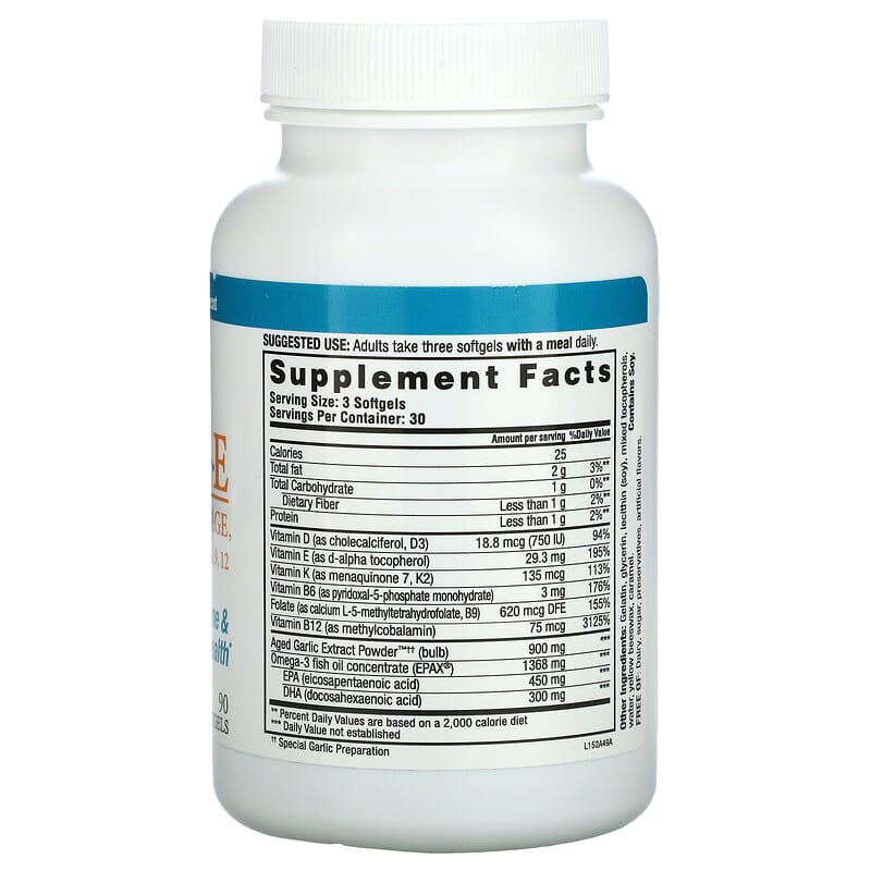 Kyolic, Omeg.A.G.E, Omega-3 + AGE, D3, K2, E & B6, 9, 12, Heart, Bone & Immune Health, 90 Softgels 23542152495