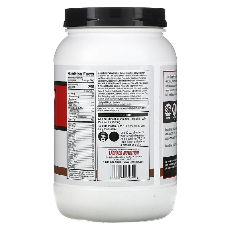 Labrada Nutrition, Lean Body, Hi-Protein Meal Replacement Shake, Chocolate, 2.47 lbs (1120 g) 710779112742