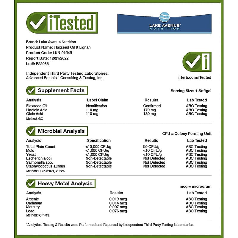 Lake Avenue Nutrition, Cold Pressed Flaxseed Oil with Lignans, 120 Veggie Softgels 898220015450