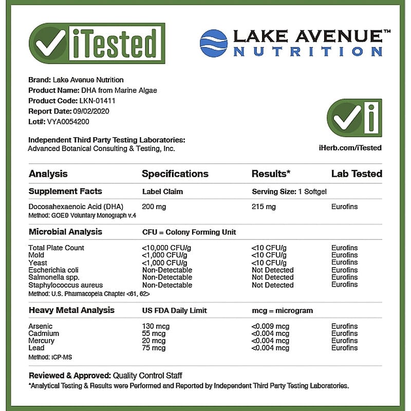 Lake Avenue Nutrition, DHA from Marine Algae, 200 mg, 60 Veggie Softgels 898220014118