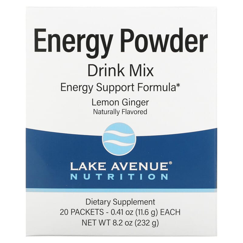 Lake Avenue Nutrition Energy Powder Drink Mix Lemon Ginger 20 Packets 0.41 oz (11.6 g) Each 898220020980