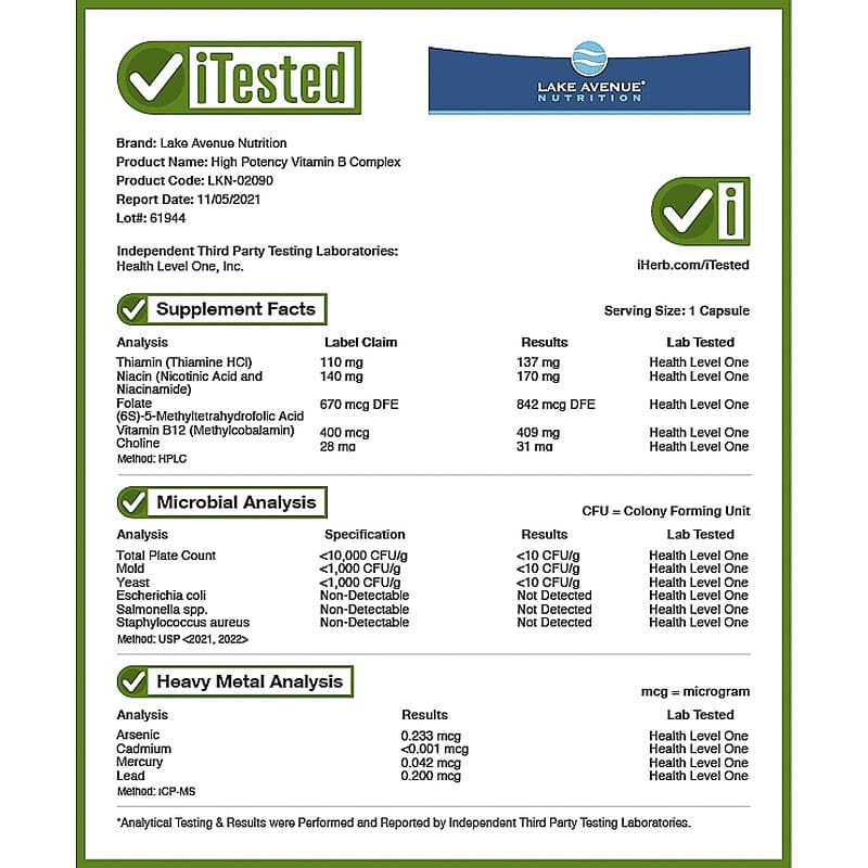 Lake Avenue Nutrition, High Potency Vitamin B Complex, 90 Veggie Capsules 898220020904