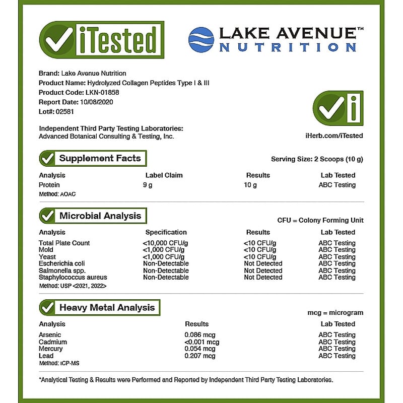 Lake Avenue Nutrition, Hydrolyzed Collagen Peptides, Type I & III, 1.01 lb (460 g) 898220018581