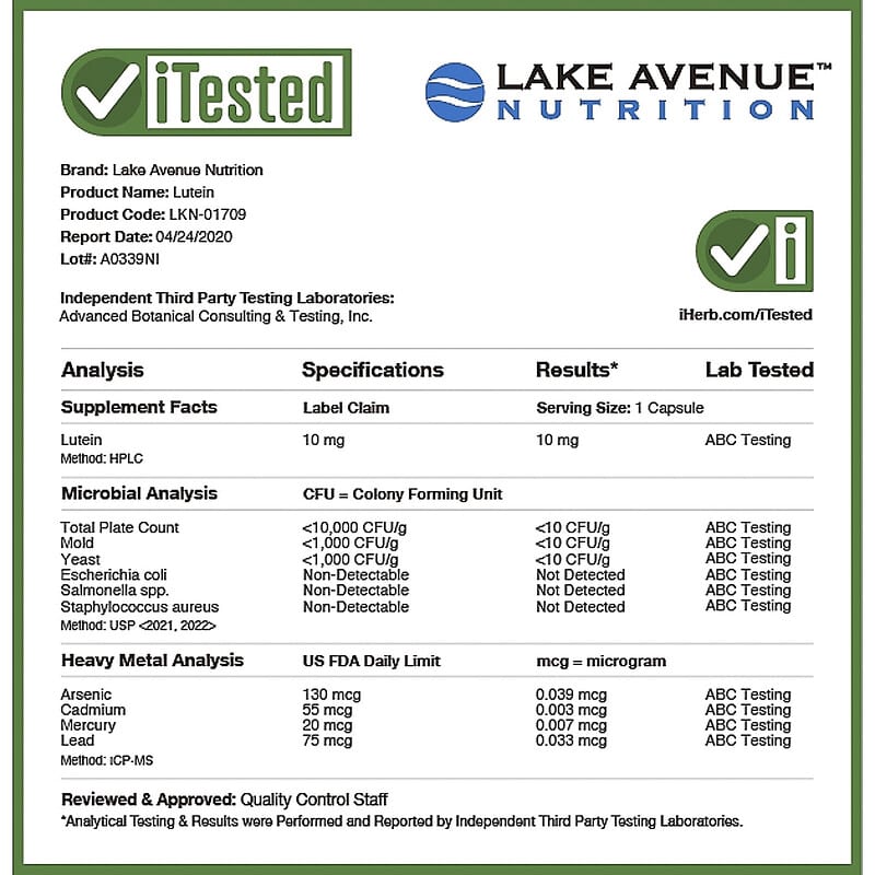 Lake Avenue Nutrition, Lutein, 10 mg, 60 Veggie Capsules 898220017096