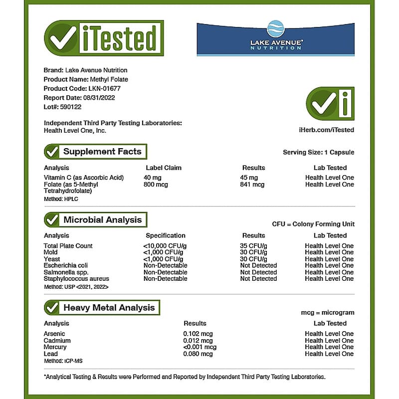 Lake Avenue Nutrition, Methyl Folate, 1,360 mcg, 120 Veggie Capsules 898220016778