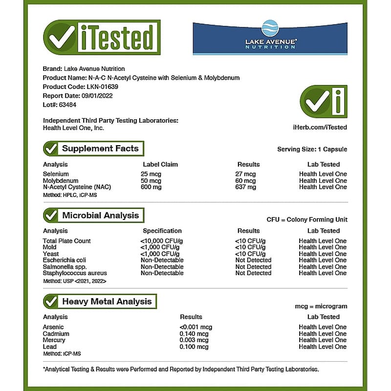 Lake Avenue Nutrition, N-Acetyl-L- Cysteine , 600 mg, 120 Veggie Capsules 898220016396