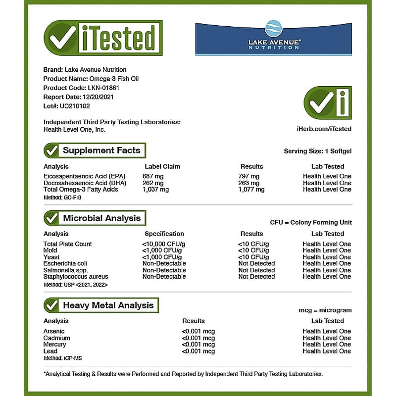 Lake Avenue Nutrition, Omega-3 Fish Oil, 1250 mg, 30 Fish Gelatin Softgels 898220018611