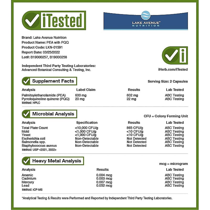 Lake Avenue Nutrition, PEA 300 mg + PQQ 10 mg, 30 Veggie Capsules 898220015917