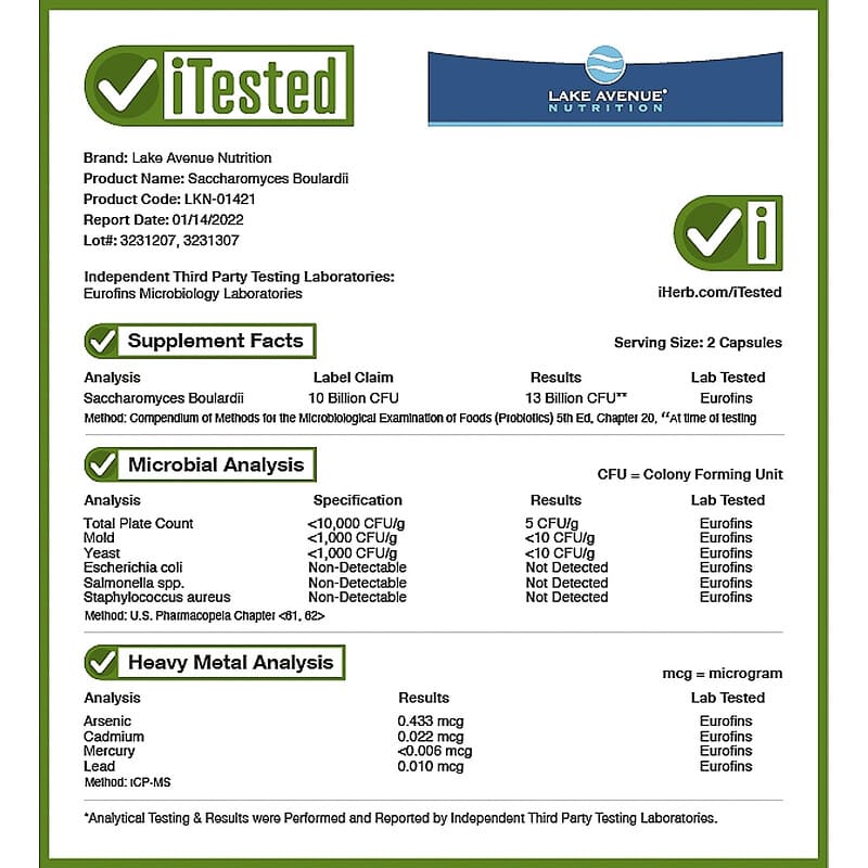 Lake Avenue Nutrition, Saccharomyces Boulardii, Probiotic Yeast, 10 Billion CFU, 180 Veggie Capsules 898220014217