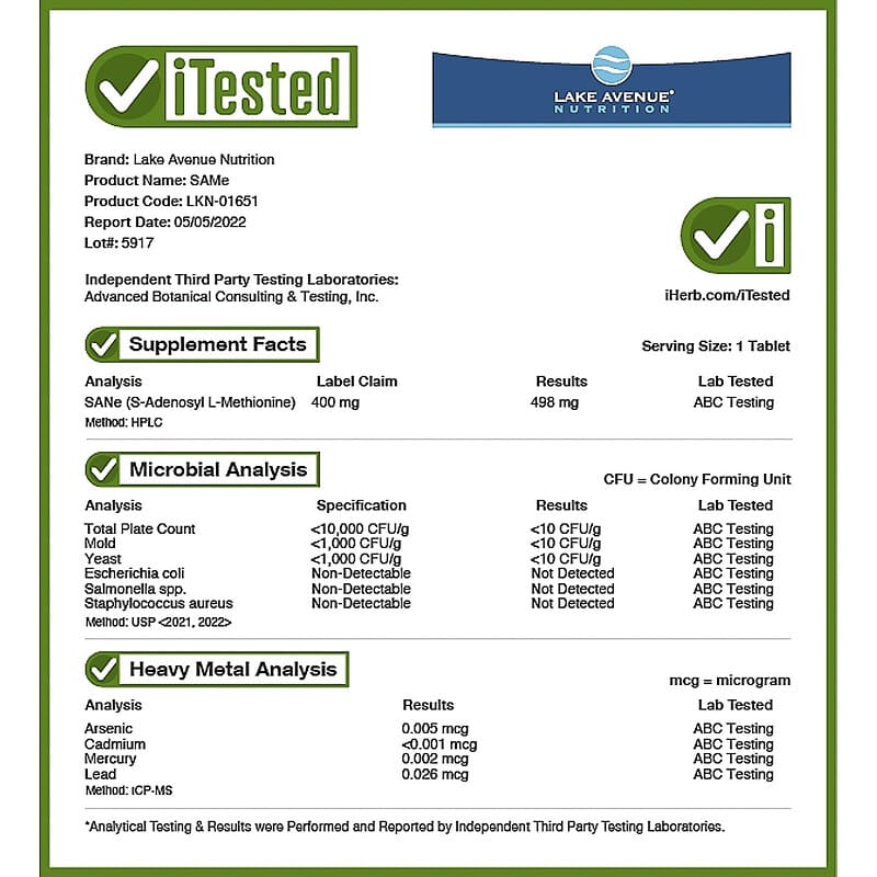 Lake Avenue Nutrition, SAMe ( Disulfate Tosylate), 400 mg, 60 Enteric Coated Tablets 898220016518