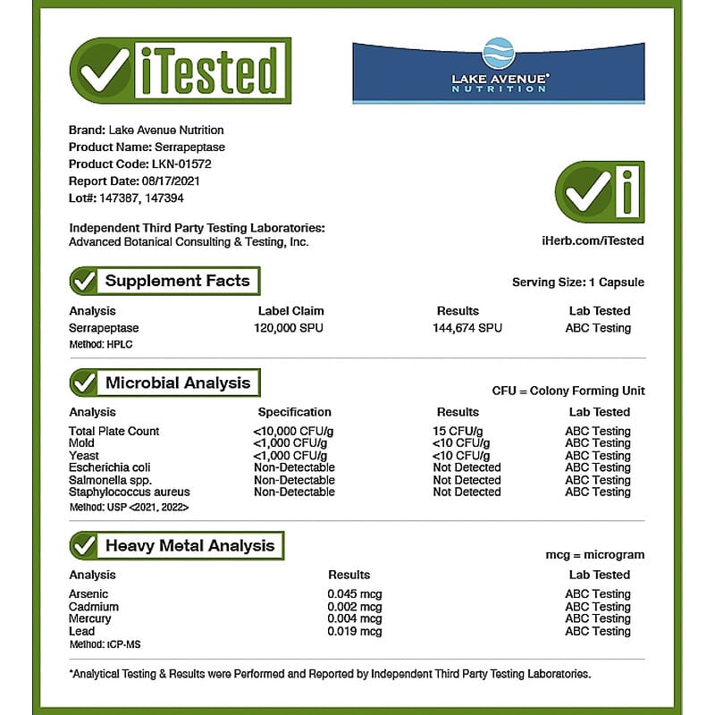 Lake Avenue Nutrition, Serrapeptase, Proteolytic Enzyme, 120,000 SPUs, 180 Veggie Capsules 898220015726