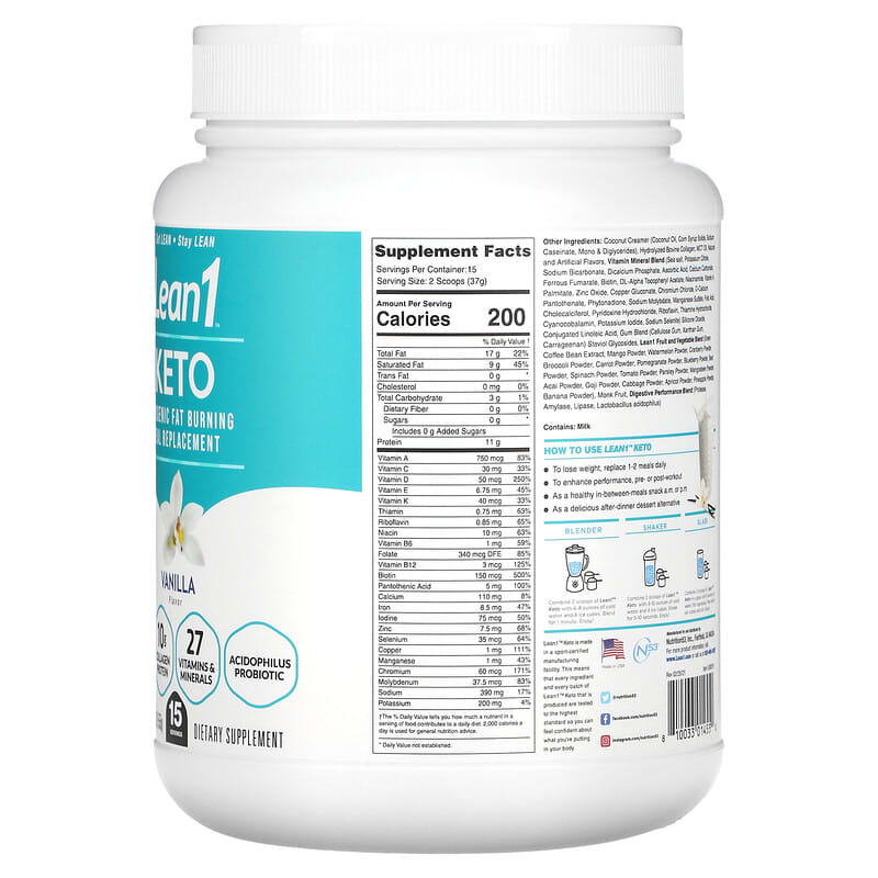 Lean1, Keto, Ketogenic Fat Burning Meal Replacement, Vanilla, 1.2 lb (555 g) 810033014550
